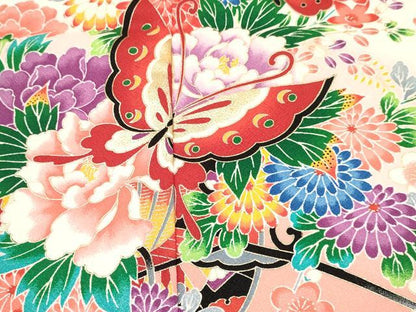平和屋着物[]七五三　女の子　７歳　祝着　四つ身　舞蝶花車文　暈し染め　金彩　DABA3880ma
