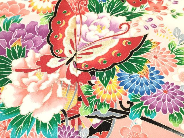 平和屋着物[]七五三　女の子　７歳　祝着　四つ身　舞蝶花車文　暈し染め　金彩　DABA3880ma