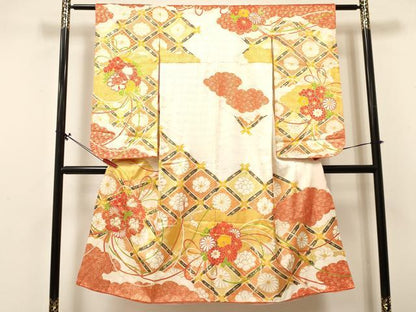 平和屋着物[]七五三　女の子　７歳　祝着　四つ身　駒刺繍　花丸文　金彩　逸品　DABA3881ma