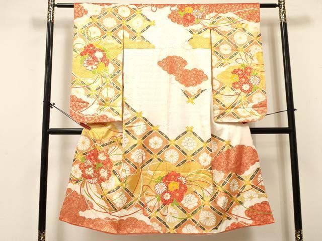 平和屋着物[]七五三　女の子　７歳　祝着　四つ身　駒刺繍　花丸文　金彩　逸品　DABA3881ma