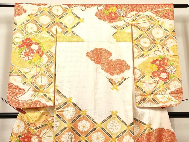 平和屋着物[]七五三　女の子　７歳　祝着　四つ身　駒刺繍　花丸文　金彩　逸品　DABA3881ma