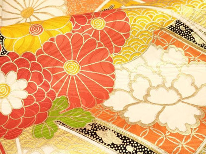 平和屋着物[]七五三　女の子　７歳　祝着　四つ身　駒刺繍　花丸文　金彩　逸品　DABA3881ma