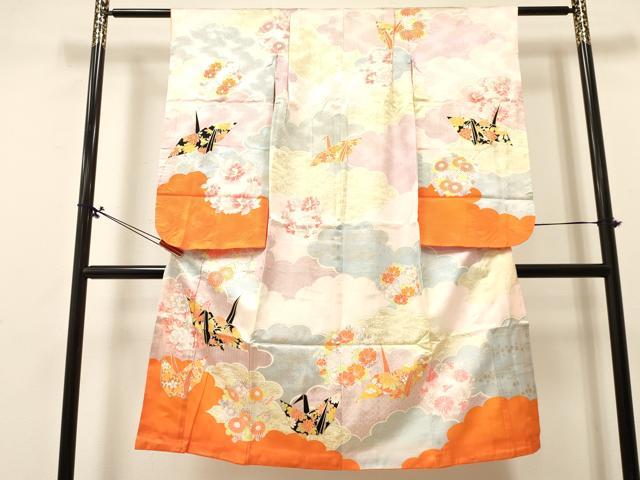 平和屋着物[]七五三　女の子　７歳　祝着　四つ身　折り鶴　雲取り花丸文　金彩　DABA3885ma