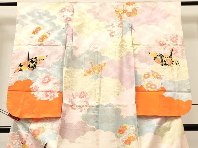 平和屋着物[]七五三　女の子　７歳　祝着　四つ身　折り鶴　雲取り花丸文　金彩　DABA3885ma