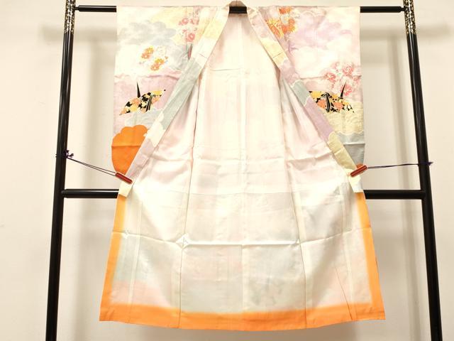 平和屋着物[]七五三　女の子　７歳　祝着　四つ身　折り鶴　雲取り花丸文　金彩　DABA3885ma
