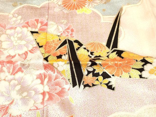平和屋着物[]七五三　女の子　７歳　祝着　四つ身　折り鶴　雲取り花丸文　金彩　DABA3885ma