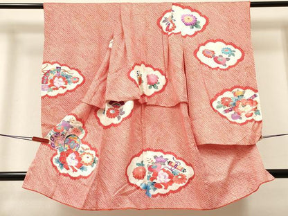 平和屋着物[]七五三　女の子　３歳　祝着　三つ身　絞り　雲取り絵巻鼓花文　銀彩　逸品　DABA3891ma