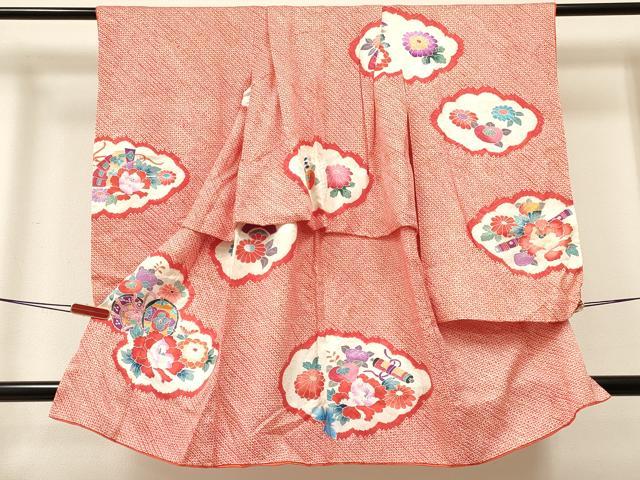 平和屋着物[]七五三　女の子　３歳　祝着　三つ身　絞り　雲取り絵巻鼓花文　銀彩　逸品　DABA3891ma