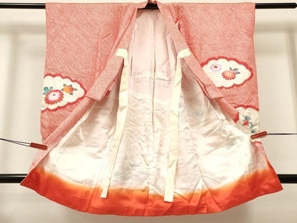 平和屋着物[]七五三　女の子　３歳　祝着　三つ身　絞り　雲取り絵巻鼓花文　銀彩　逸品　DABA3891ma