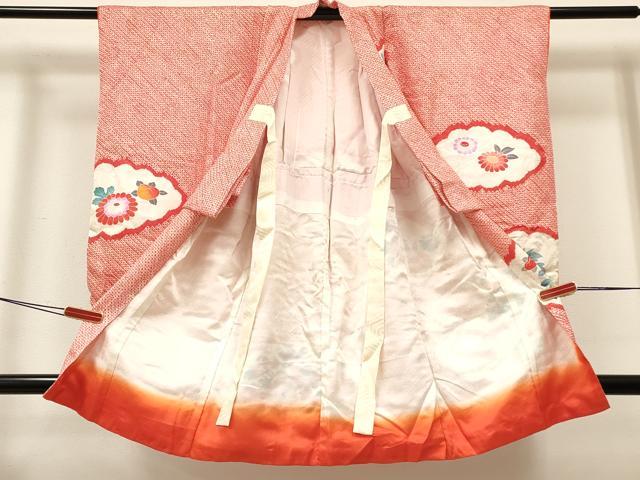 平和屋着物[]七五三　女の子　３歳　祝着　三つ身　絞り　雲取り絵巻鼓花文　銀彩　逸品　DABA3891ma