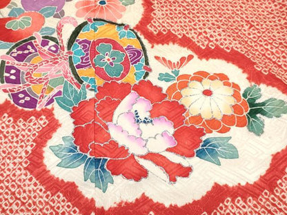 平和屋着物[]七五三　女の子　３歳　祝着　三つ身　絞り　雲取り絵巻鼓花文　銀彩　逸品　DABA3891ma