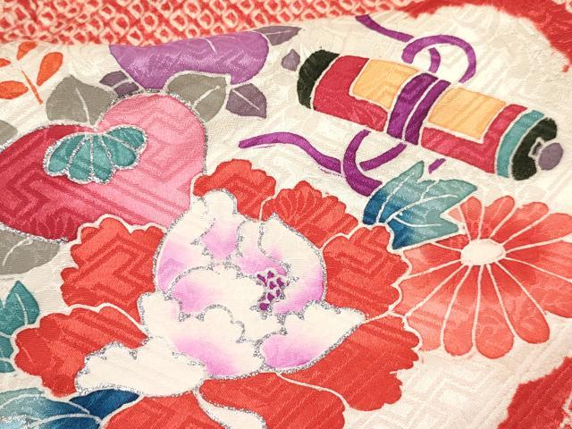 平和屋着物[]七五三　女の子　３歳　祝着　三つ身　絞り　雲取り絵巻鼓花文　銀彩　逸品　DABA3891ma