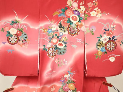 平和屋着物[]七五三　女の子　３歳　祝着　三つ身　襦袢付き　源氏車花文　暈し染め　金銀彩　逸品　DABA3895ma