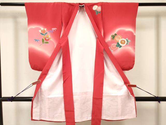 平和屋着物[]七五三　女の子　３歳　祝着　三つ身　襦袢付き　源氏車花文　暈し染め　金銀彩　逸品　DABA3895ma