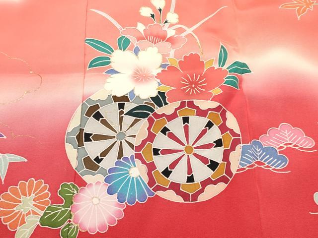 平和屋着物[]七五三　女の子　３歳　祝着　三つ身　襦袢付き　源氏車花文　暈し染め　金銀彩　逸品　DABA3895ma