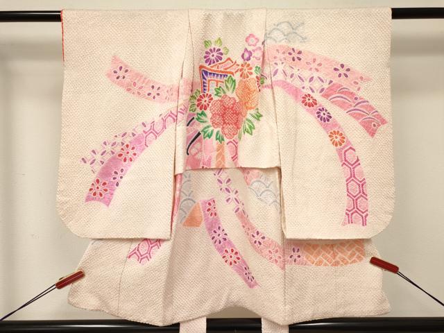 平和屋着物[]七五三　女の子　３歳　祝着　三つ身　総絞り　束ね熨斗御所車花文　逸品　DABA3896ma