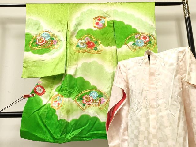 平和屋着物[]七五三　女の子　３歳　祝着　三つ身　長襦袢(袷)セット　駒刺繍 総刺繍　松取り地紙花文　暈し染め 金銀糸　逸品　DABA3897ma