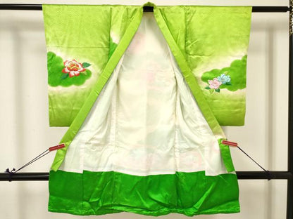 平和屋着物[]七五三　女の子　３歳　祝着　三つ身　長襦袢(袷)セット　駒刺繍 総刺繍　松取り地紙花文　暈し染め 金銀糸　逸品　DABA3897ma