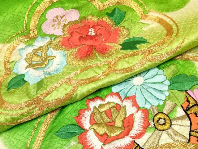 平和屋着物[]七五三　女の子　３歳　祝着　三つ身　長襦袢(袷)セット　駒刺繍 総刺繍　松取り地紙花文　暈し染め 金銀糸　逸品　DABA3897ma