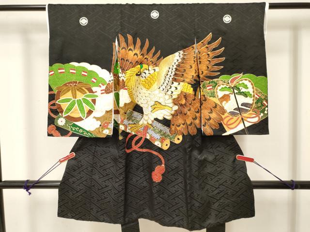 平和屋着物[]七五三　男の子　子供　祝着　襦袢付き　鷹　鷲　絵巻笹松文　金彩　逸品　DABA3900ma