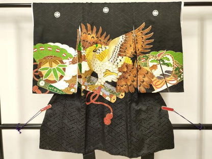 平和屋着物[]七五三 男の子 子供 祝着 襦袢付き 鷹 鷲 絵巻笹松文 金彩 逸品 DABA3900ma