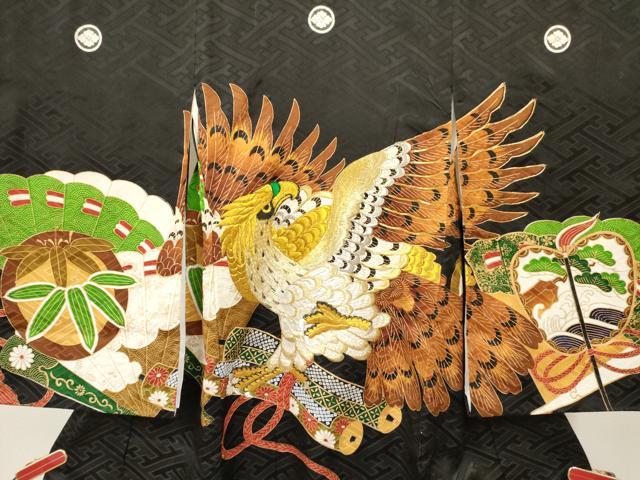 平和屋着物[]七五三　男の子　子供　祝着　襦袢付き　鷹　鷲　絵巻笹松文　金彩　逸品　DABA3900ma