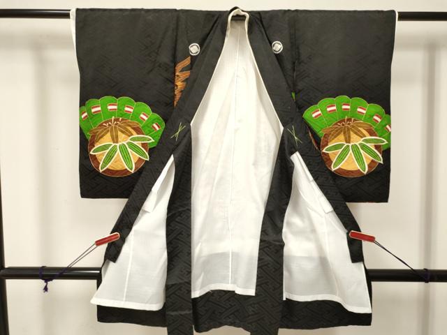 平和屋着物[]七五三　男の子　子供　祝着　襦袢付き　鷹　鷲　絵巻笹松文　金彩　逸品　DABA3900ma