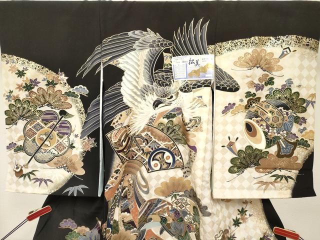 平和屋着物[]お宮参り　男の子　祝着　産着　初着　のしめ　鷹　鷲　束ね熨斗地紙吉祥文　暈し染め　金彩　逸品　未使用　DABA3902ma