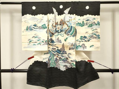 平和屋着物[]お宮参り　男の子　祝着　産着　初着　のしめ　兜　風景松文　暈し染め　金彩　逸品　未使用　DABA3903ma