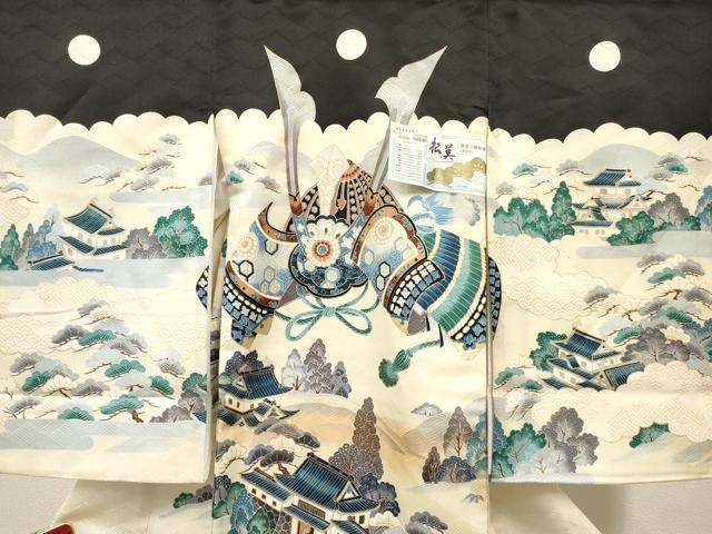 平和屋着物[]お宮参り　男の子　祝着　産着　初着　のしめ　兜　風景松文　暈し染め　金彩　逸品　未使用　DABA3903ma