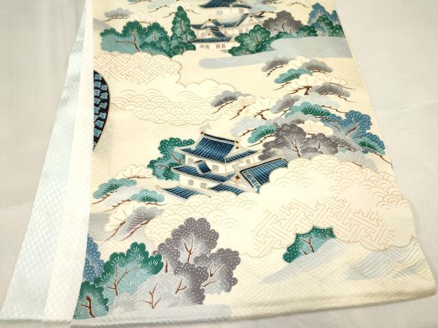 平和屋着物[]お宮参り　男の子　祝着　産着　初着　のしめ　兜　風景松文　暈し染め　金彩　逸品　未使用　DABA3903ma