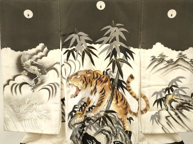 平和屋着物[]お宮参り　男の子　祝着　産着　初着　のしめ　駒刺繍　虎　寅　龍　笹竹文　暈し染め　金彩　逸品　DABA3904ma