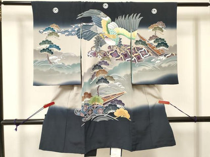 平和屋着物[]お宮参り　男の子　祝着　産着　初着　のしめ　駒刺繍　鷹　鷲　渡し舟松文　暈し染め　金糸　逸品　DABA3905ma