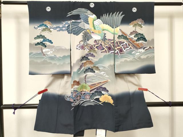 平和屋着物[]お宮参り　男の子　祝着　産着　初着　のしめ　駒刺繍　鷹　鷲　渡し舟松文　暈し染め　金糸　逸品　DABA3905ma