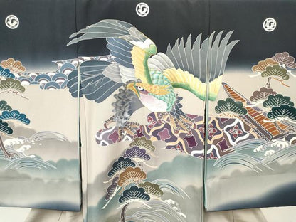 平和屋着物[]お宮参り　男の子　祝着　産着　初着　のしめ　駒刺繍　鷹　鷲　渡し舟松文　暈し染め　金糸　逸品　DABA3905ma