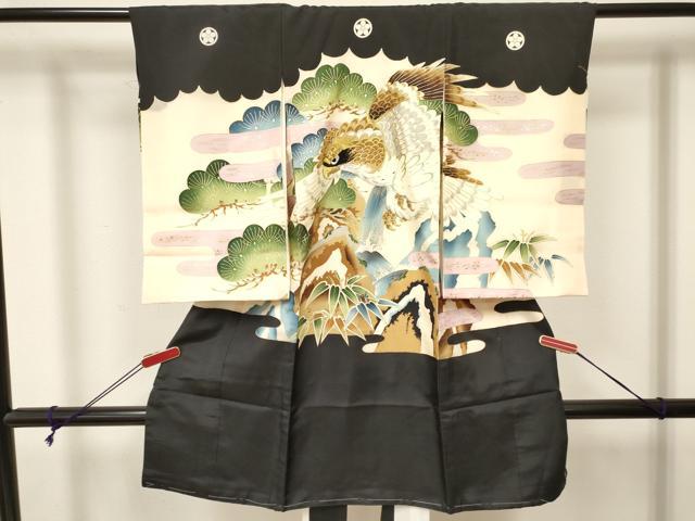 平和屋着物[]お宮参り　男の子　祝着　産着　初着　のしめ　刺繍　鷹　鷲　笹松文　金彩　逸品　DABA3906ma