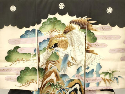 平和屋着物[]お宮参り　男の子　祝着　産着　初着　のしめ　刺繍　鷹　鷲　笹松文　金彩　逸品　DABA3906ma