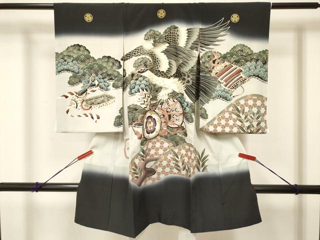 平和屋着物[]お宮参り　男の子　祝着　産着　初着　のしめ　鷹　鷲　鼓松文　暈し染め　金彩　逸品　DABA3908ma
