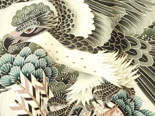 平和屋着物[]お宮参り　男の子　祝着　産着　初着　のしめ　鷹　鷲　鼓松文　暈し染め　金彩　逸品　DABA3908ma