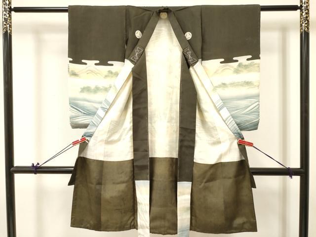 平和屋着物[]中国三大刺繍 相良刺繍 駒刺繍 お宮参り　男の子　祝着　産着　初着　のしめ　武士 風景松文 暈し染め 金彩　逸品　DABA3909ma