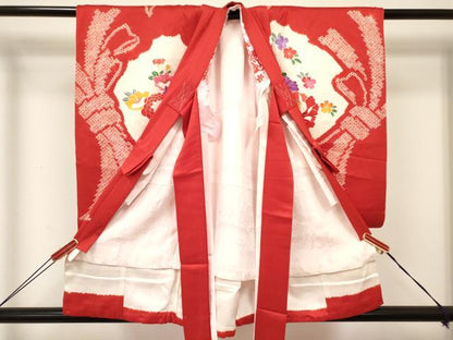 平和屋着物[]お宮参り　女の子　祝着　産着　初着　のしめ　絞り　束ね熨斗鴛鴦花文　逸品　DABA3912ma