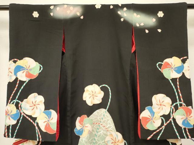平和屋着物[]お宮参り　女の子　祝着　産着　初着　のしめ　風車　黒地　暈し染め　金彩　逸品　DABA3913ma