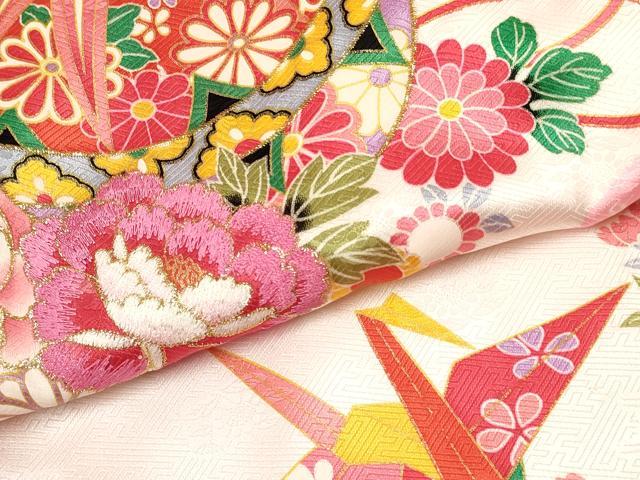 平和屋着物[]お宮参り　女の子　祝着　産着　初着　のしめ　刺繍　折り鶴　鞠花文　金彩　逸品　DABA3915ma