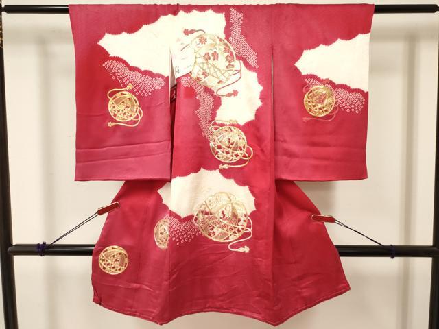 平和屋着物[]お宮参り　女の子　祝着　産着　初着　のしめ　駒刺繍　絞り　鞠花文　逸品　未使用　DABA3916ma