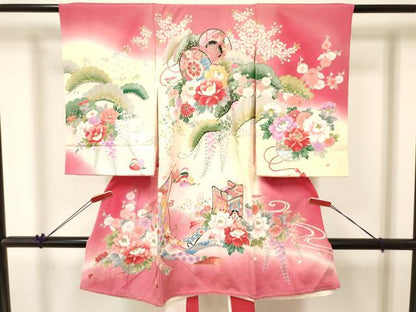 平和屋着物[]お宮参り　女の子　祝着　産着　初着　のしめ　几帳御所車鴛鴦鼓花文　暈し染め　金銀彩　逸品　DABA3918ma