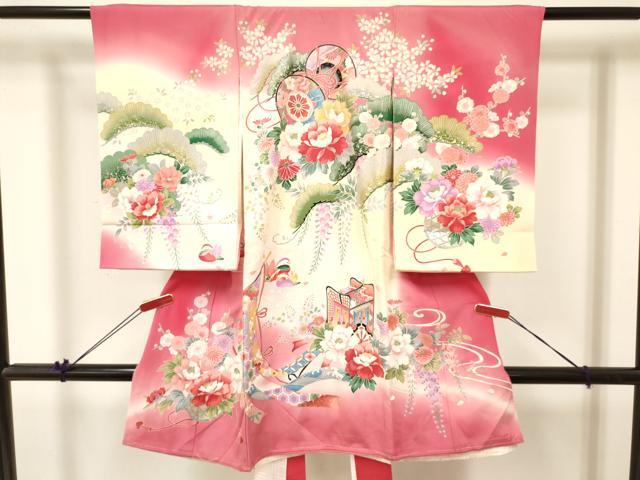 平和屋着物[]お宮参り　女の子　祝着　産着　初着　のしめ　几帳御所車鴛鴦鼓花文　暈し染め　金銀彩　逸品　DABA3918ma