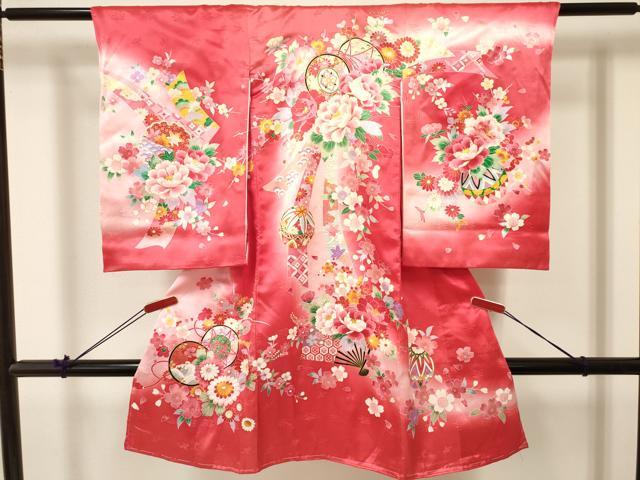 平和屋着物[]お宮参り　女の子　祝着　産着　初着　のしめ　鼓扇面鞠花文　暈し染め　金彩　逸品　未使用　DABA3920ma