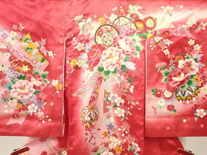 平和屋着物[]お宮参り　女の子　祝着　産着　初着　のしめ　鼓扇面鞠花文　暈し染め　金彩　逸品　未使用　DABA3920ma