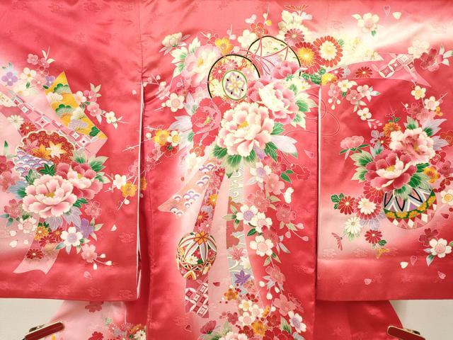 平和屋着物[]お宮参り　女の子　祝着　産着　初着　のしめ　鼓扇面鞠花文　暈し染め　金彩　逸品　未使用　DABA3920ma