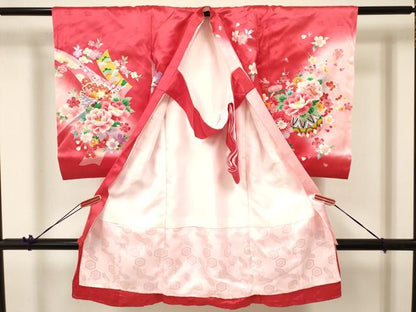 平和屋着物[]お宮参り　女の子　祝着　産着　初着　のしめ　鼓扇面鞠花文　暈し染め　金彩　逸品　未使用　DABA3920ma